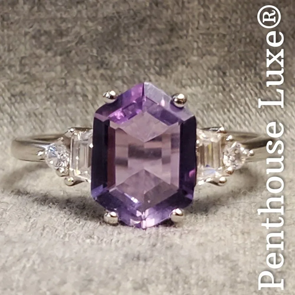 SOLID 925 Sterling Silver Purple Amethyst Elongated Hexagon Cut Ring - Picture 2 of 6